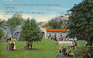 This 1913 postcard view of Fox River Park illustrates why it was so popular. Attractions from enjoying a quiet afternoon to taking a ride on the roller coaster offered entertainment for all. (Little White School Museum collection)